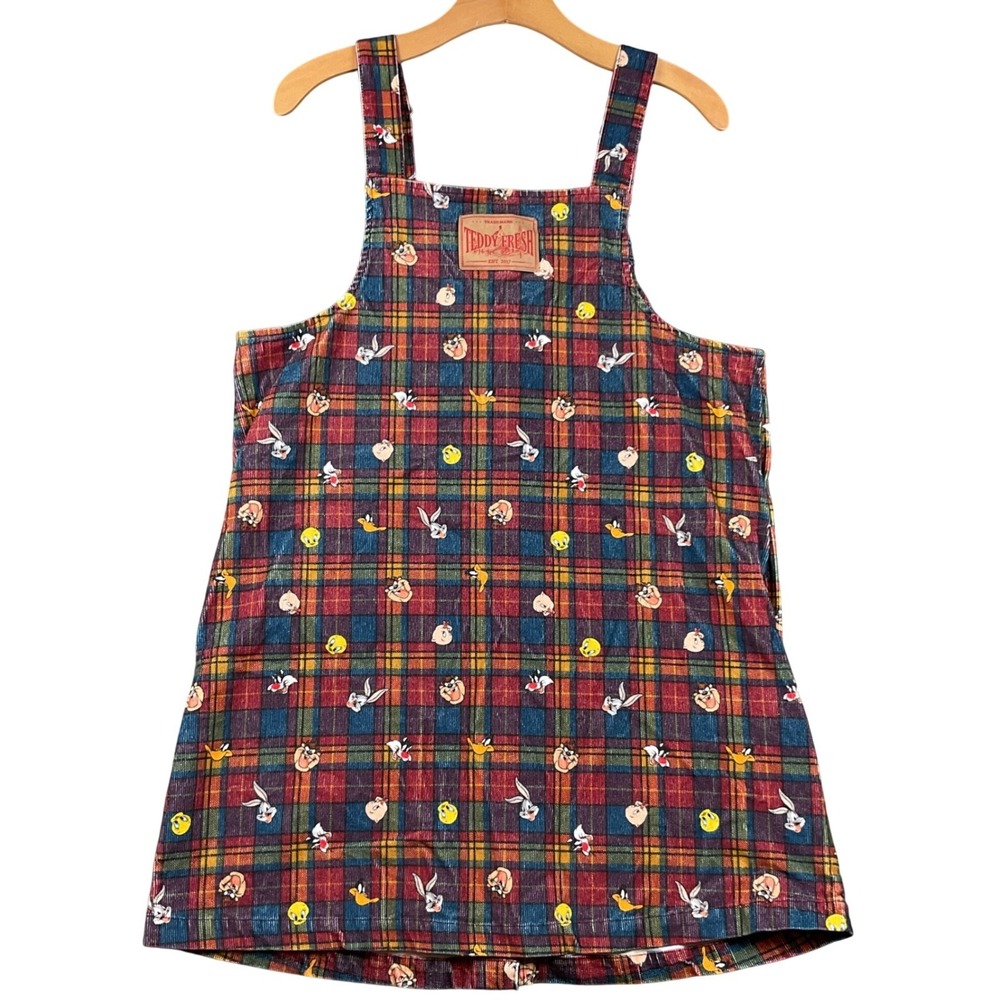 Teddy Fresh Pinafore Dress Kids L Multicolor Looney Tunes Plaid Corduroy Overall